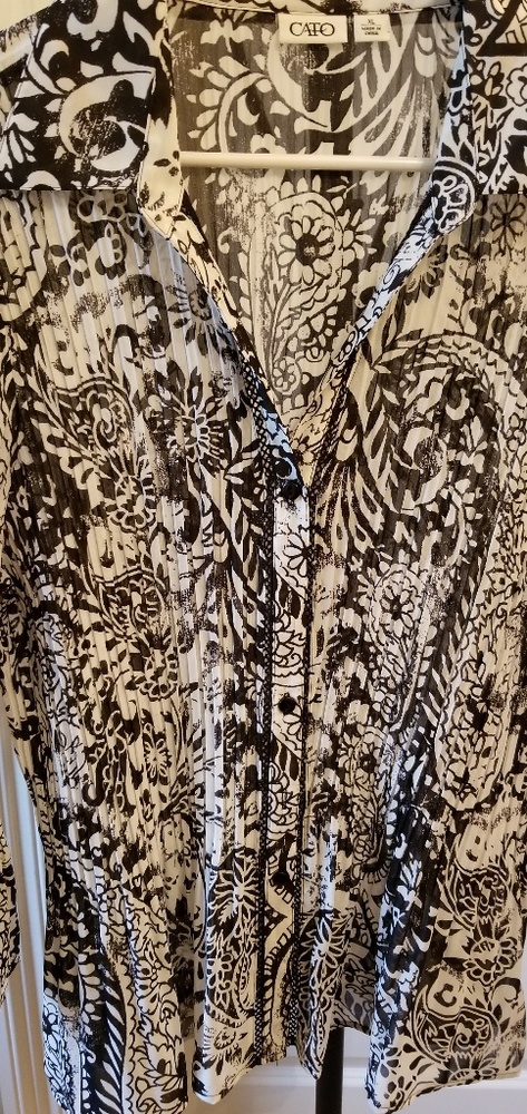 Button down dressy black and white Paisley blouse.